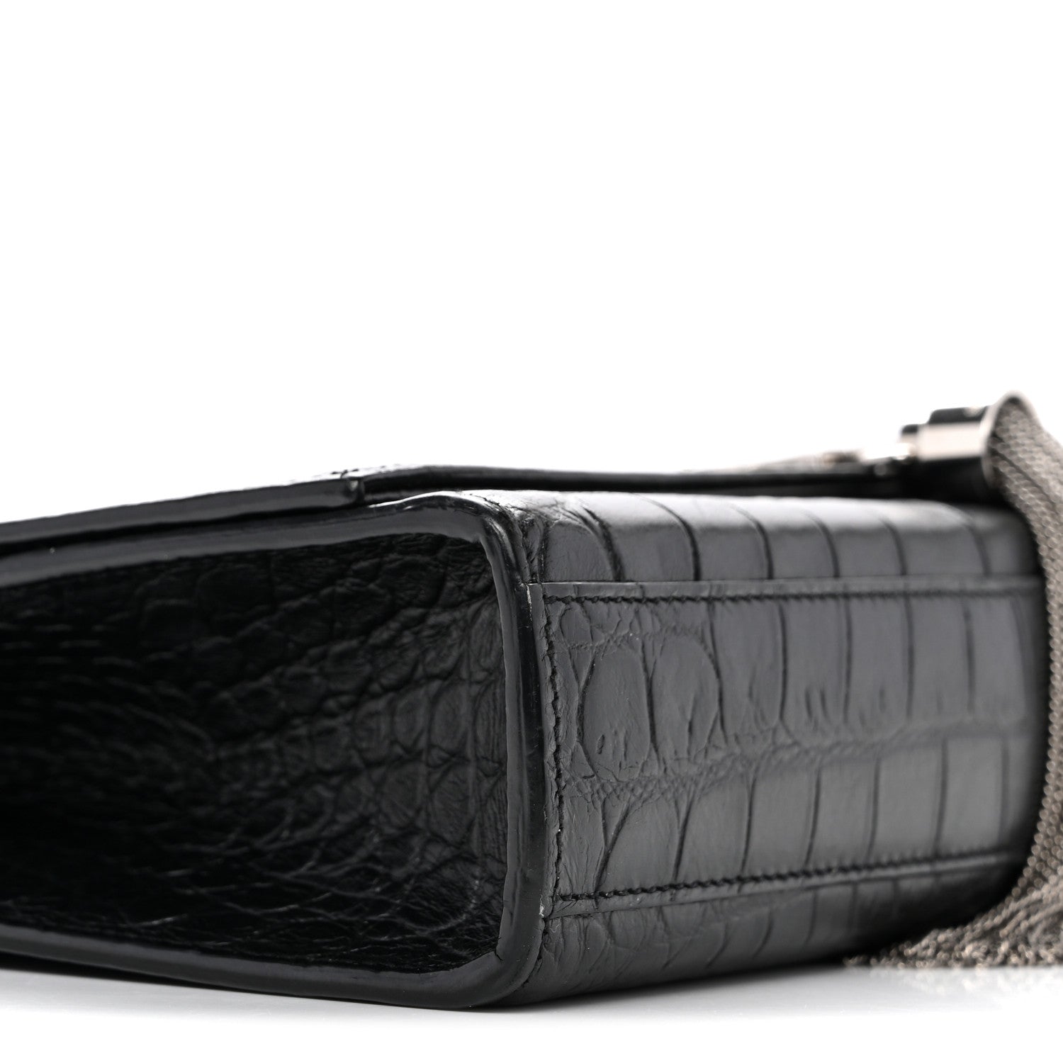 Calfskin Crocodile Embossed Medium Classic Monogram Kate Tassel Satchel Black