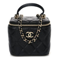 Lambskin Quilted Top Handle Mini Vanity Case With Chain Black