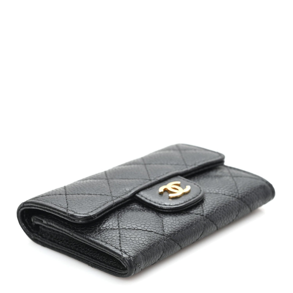 Caviar Quilted Flap Card Holder Wallet Black