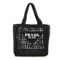 Yarn Raffia Effect Crochet Logo Embroidered Small Tote Bag Black