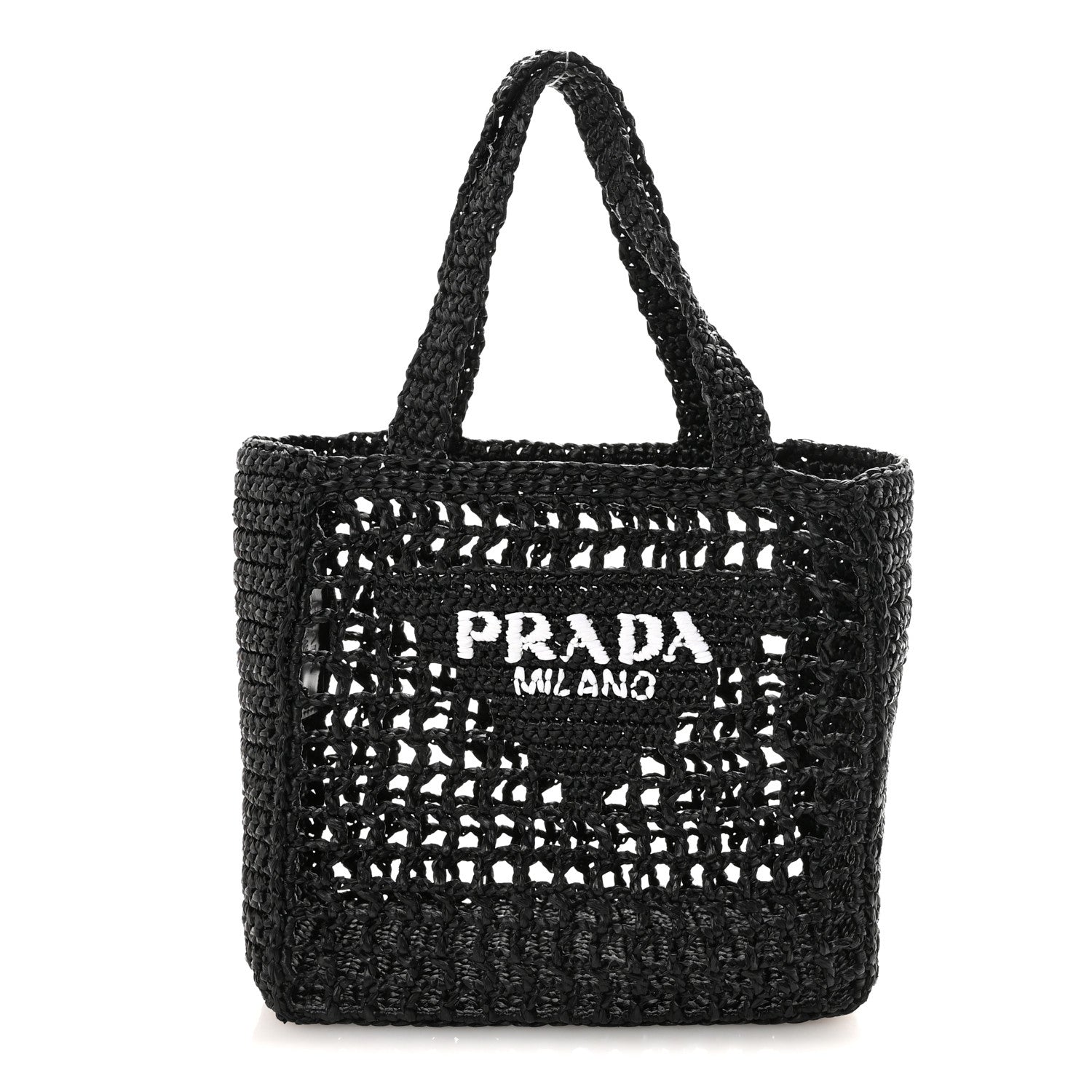 Yarn Raffia Effect Crochet Logo Embroidered Small Tote Bag Black