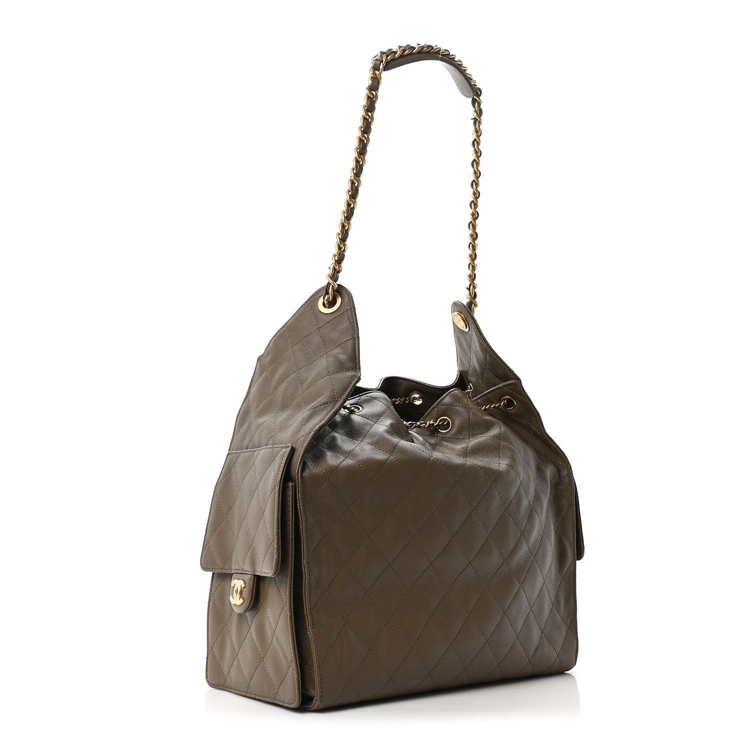 Caviar Quilted Medium Chanel 25 Handbag Dark Khaki