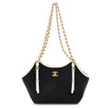 Braided Raffia Calfskin Stitched Small Shopping Tote Black White