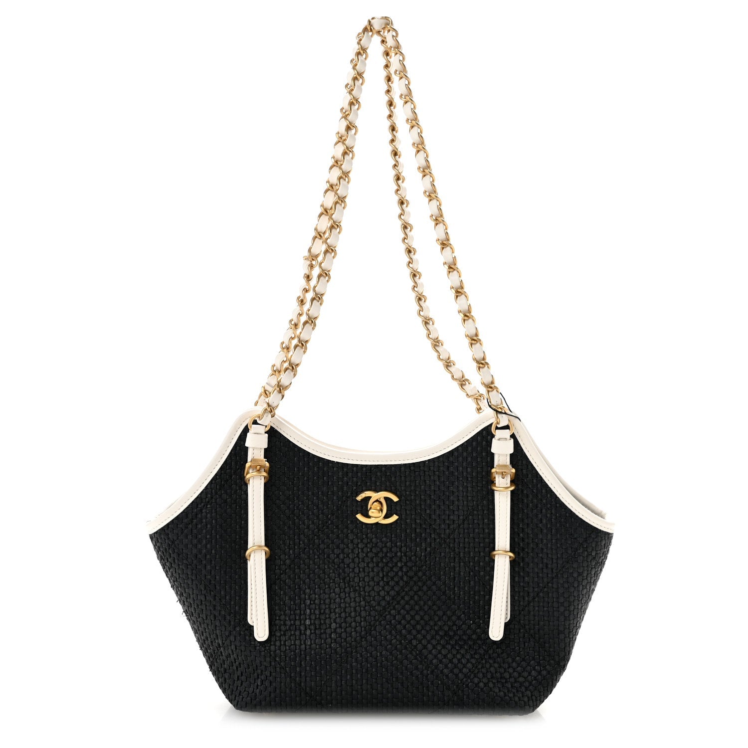 Braided Raffia Calfskin Stitched Small Shopping Tote Black White