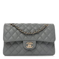 Caviar Quilted Small Double Flap Grey