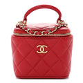Lambskin Quilted Mini Top Handle Vanity Case With Chain Red