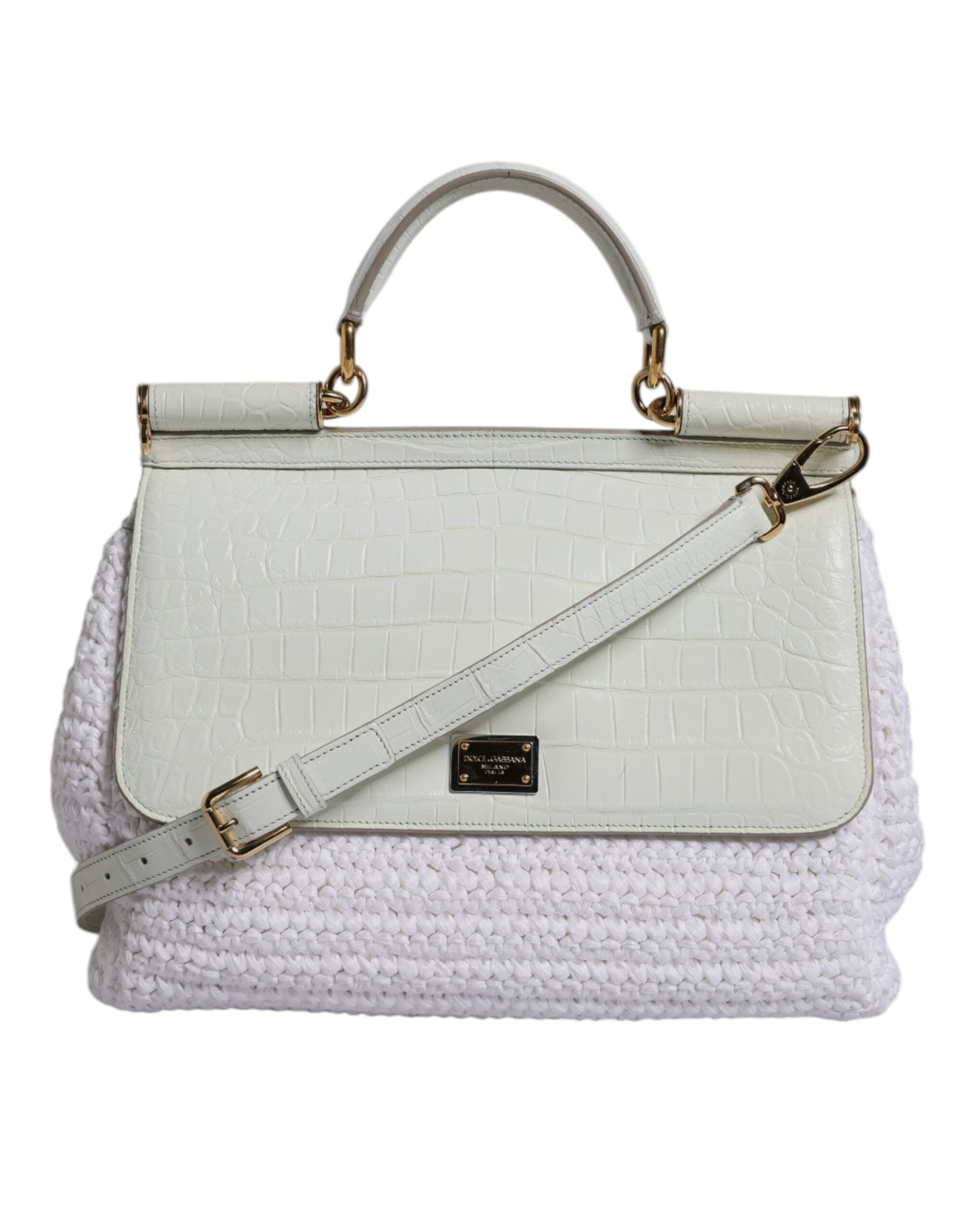 Dolce & Gabbana White Rafia Leather Top Handle Crossbody Women's Bag ( )