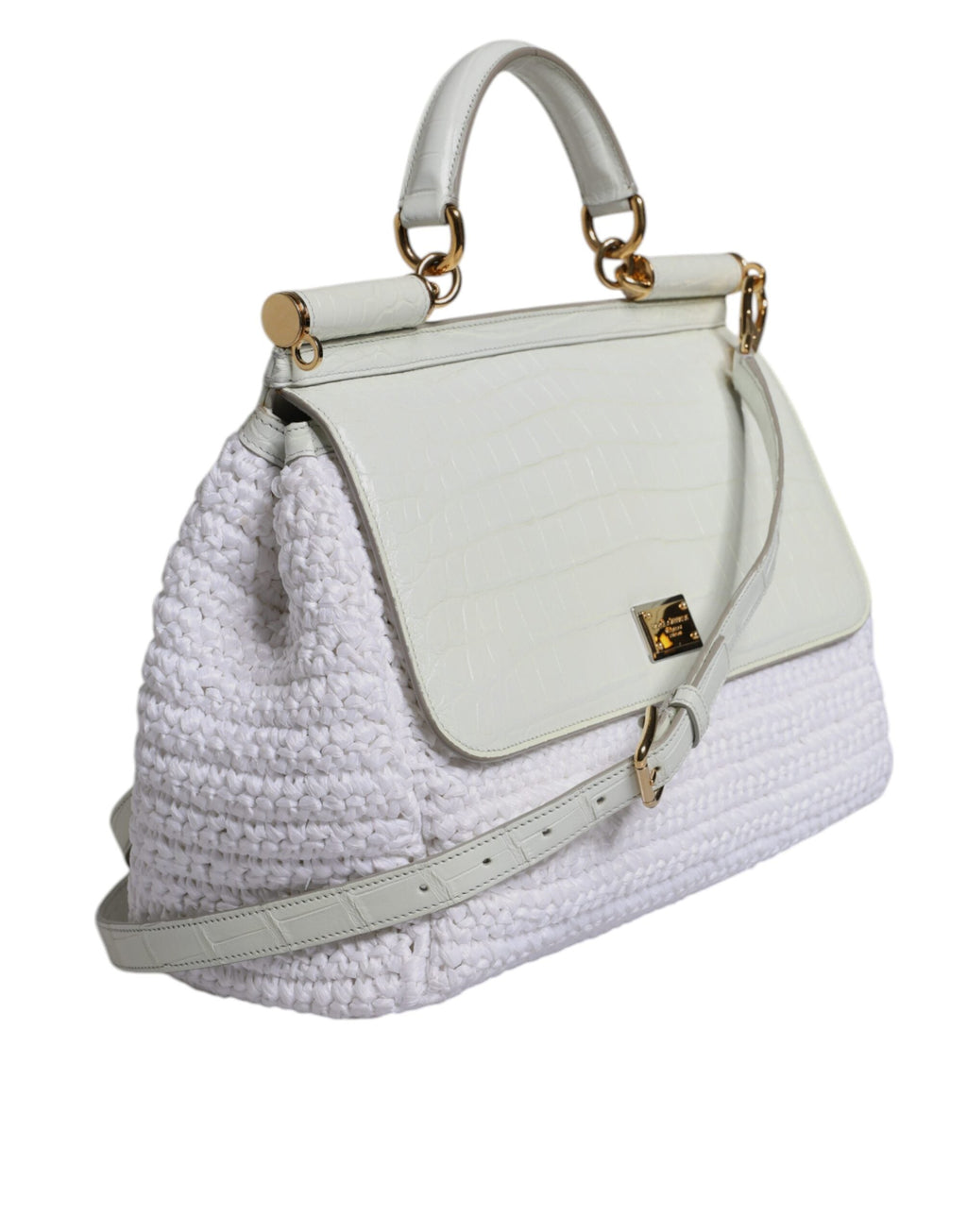 Dolce & Gabbana White Rafia Leather Top Handle Crossbody Women's Bag ( )