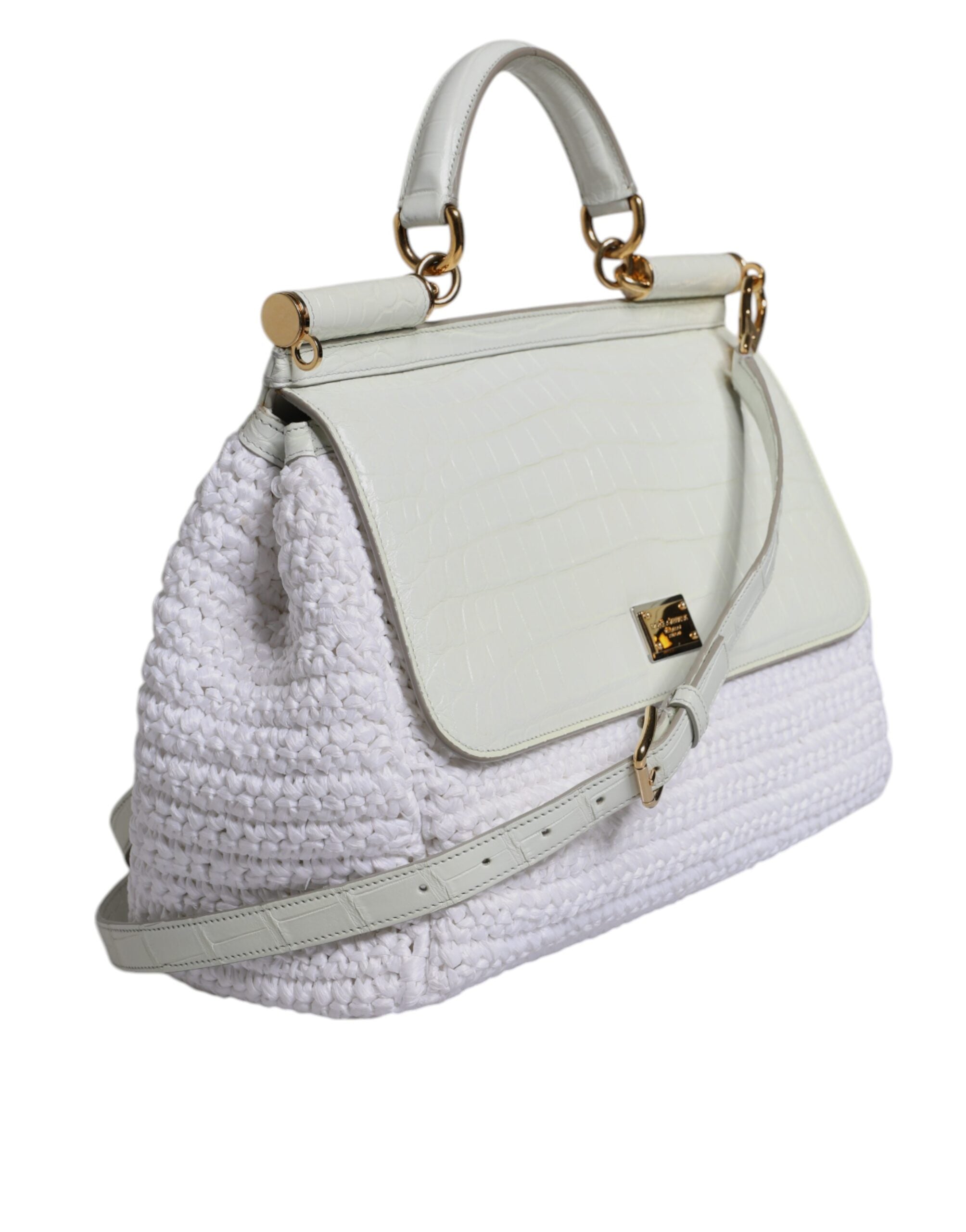 Dolce & Gabbana White Rafia Leather Top Handle Crossbody Women's Bag ( )
