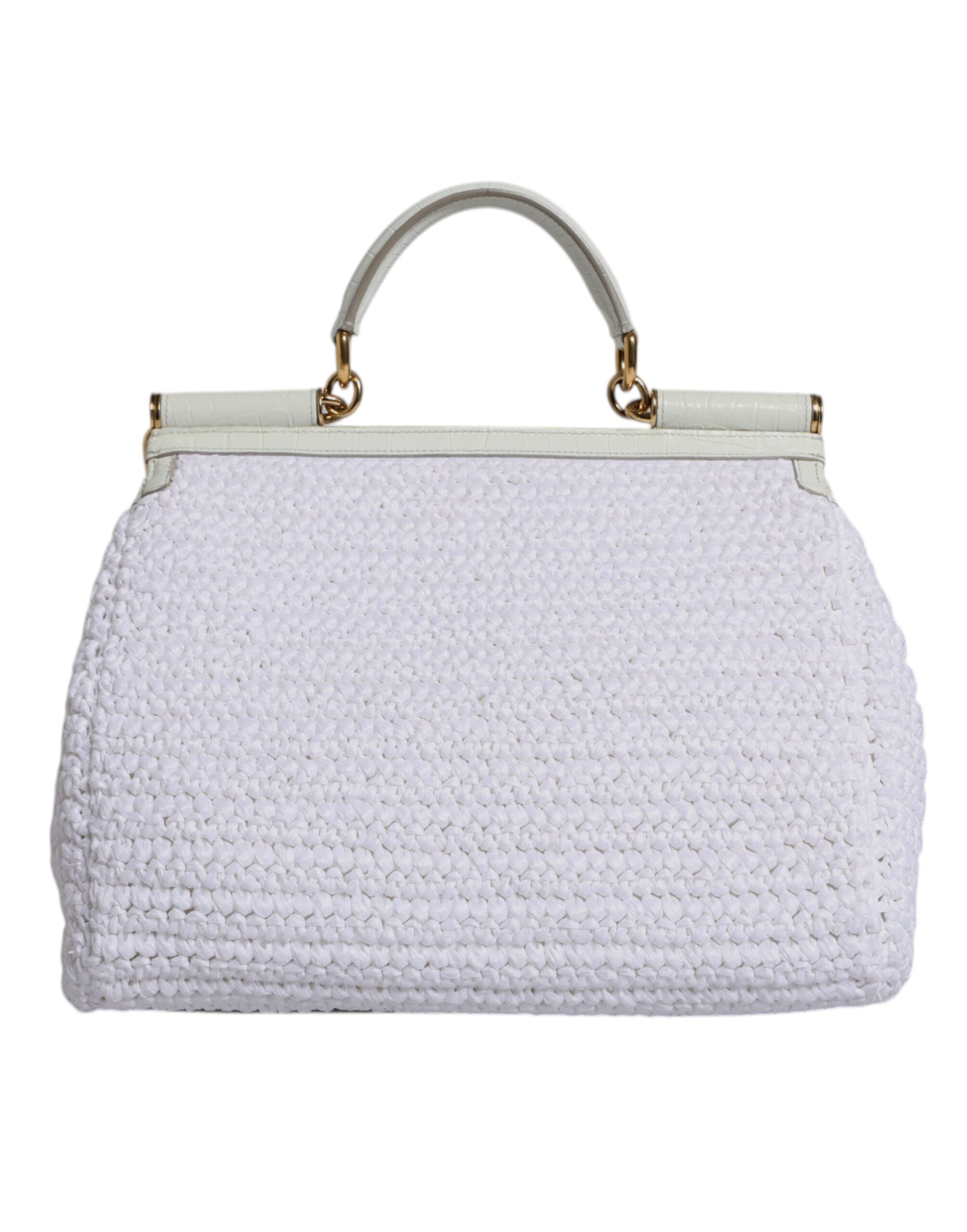Dolce & Gabbana White Rafia Leather Top Handle Crossbody Women's Bag