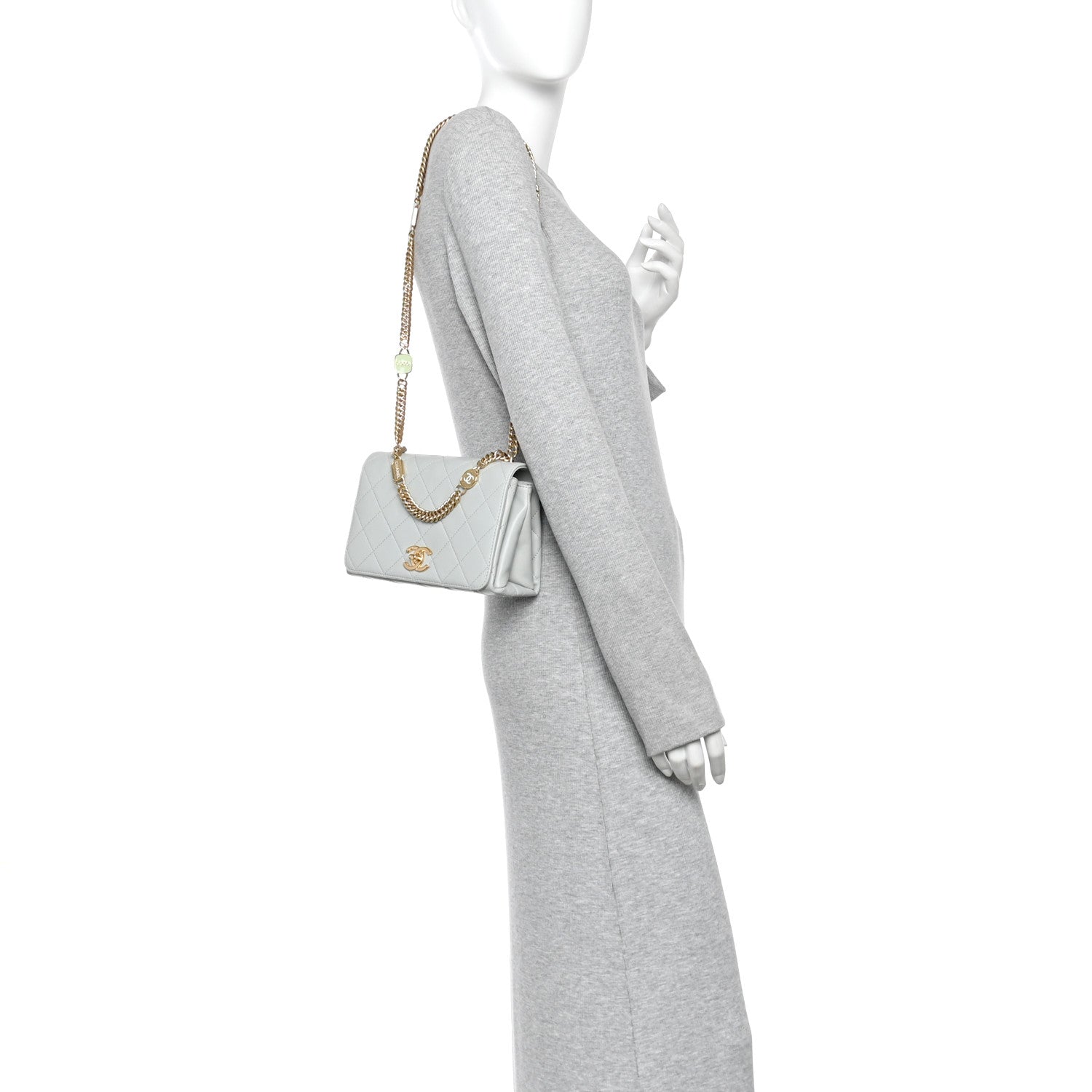 Calfskin Quilted Enamel Chain Flap Grey