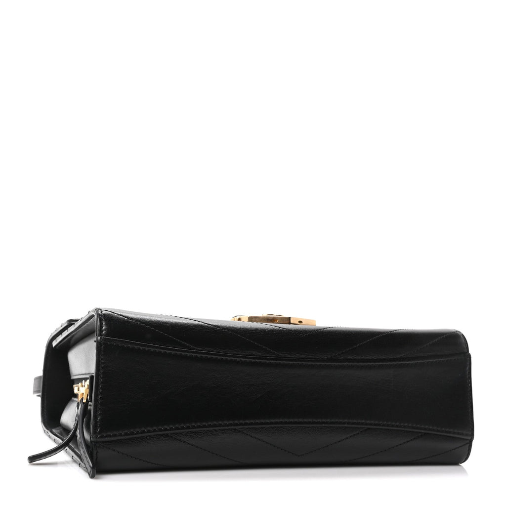 Calfskin Chevron Quilted Medal Flap Black