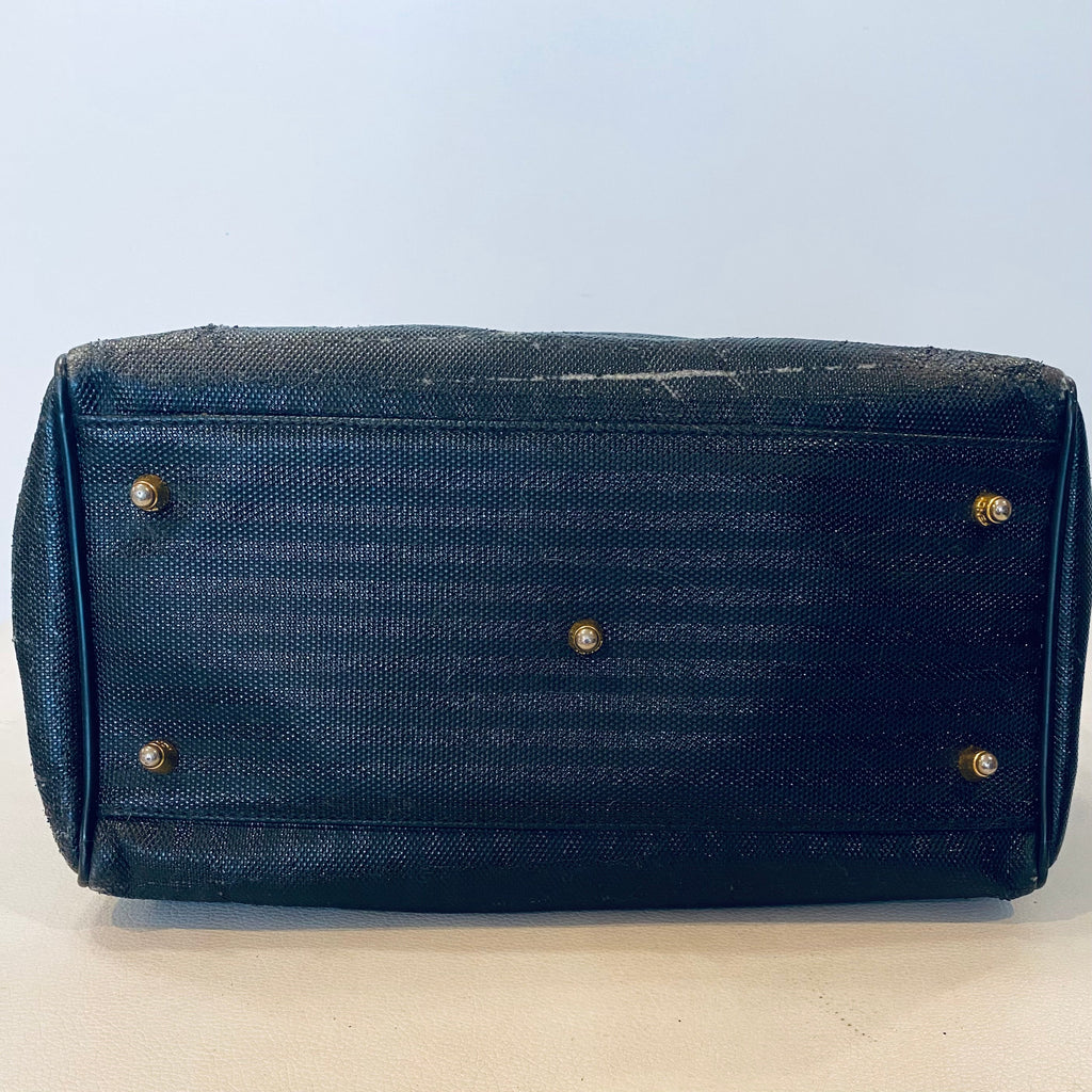 FENDI Vintage Black Striped Canvas Small Boston Handbag