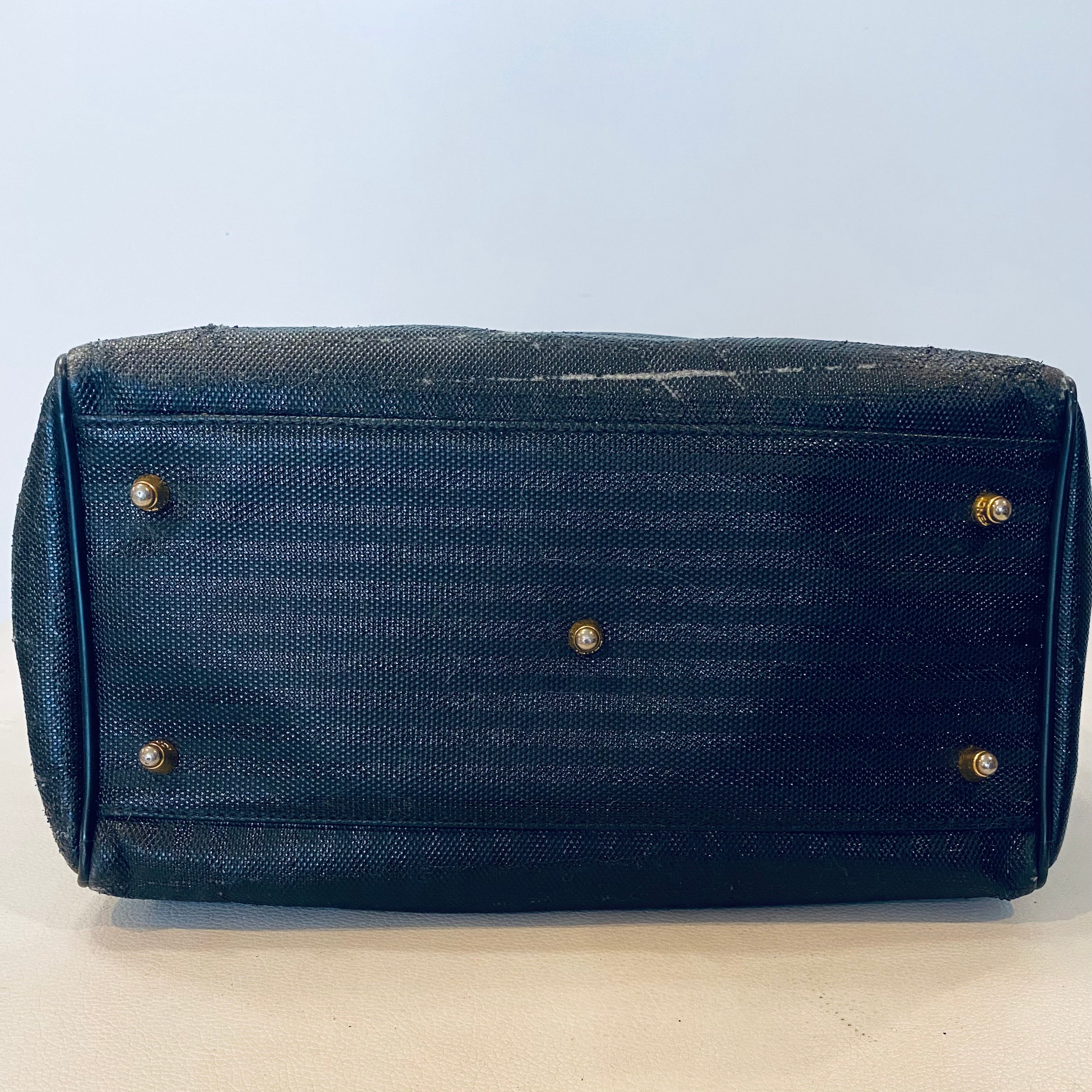 FENDI Vintage Black Striped Canvas Small Boston Handbag