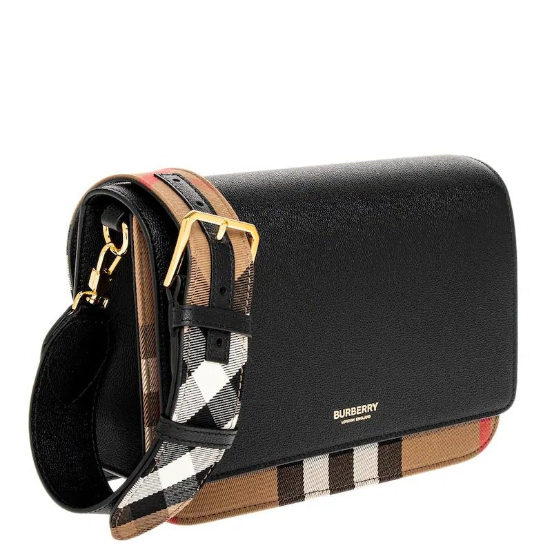 Burberry Women's Mackford Leather Flip Check Shoulder Bag, Black