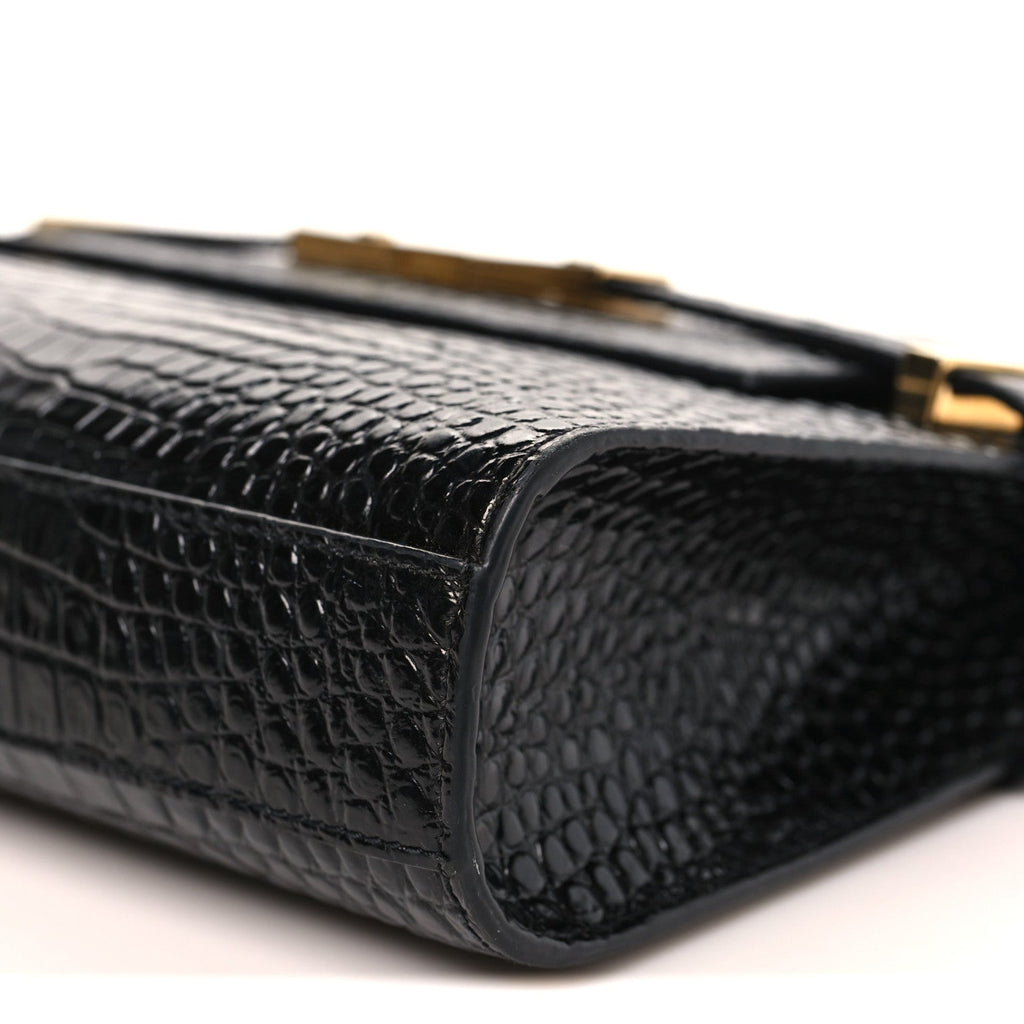 Shiny Calfskin Crocodile Embossed Small Manhattan Baguette Black