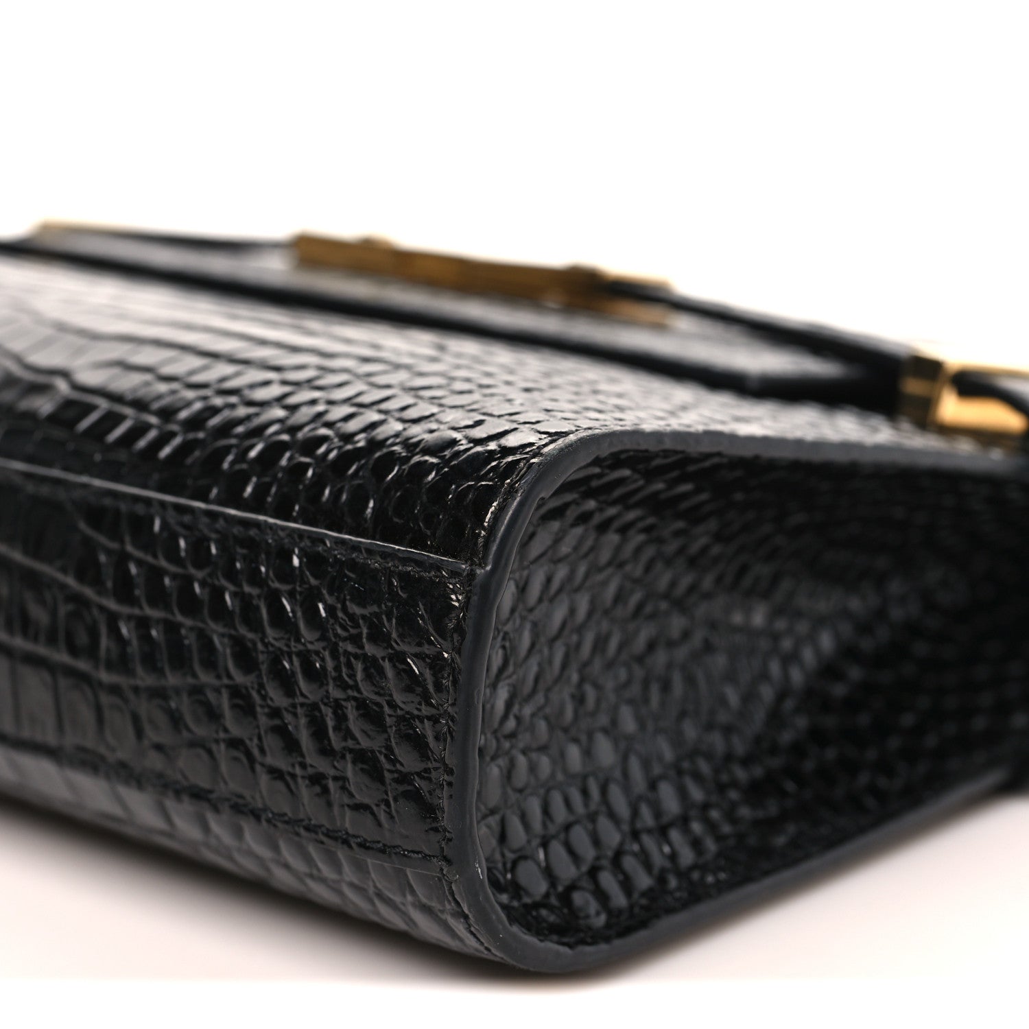 Shiny Calfskin Crocodile Embossed Small Manhattan Baguette Black