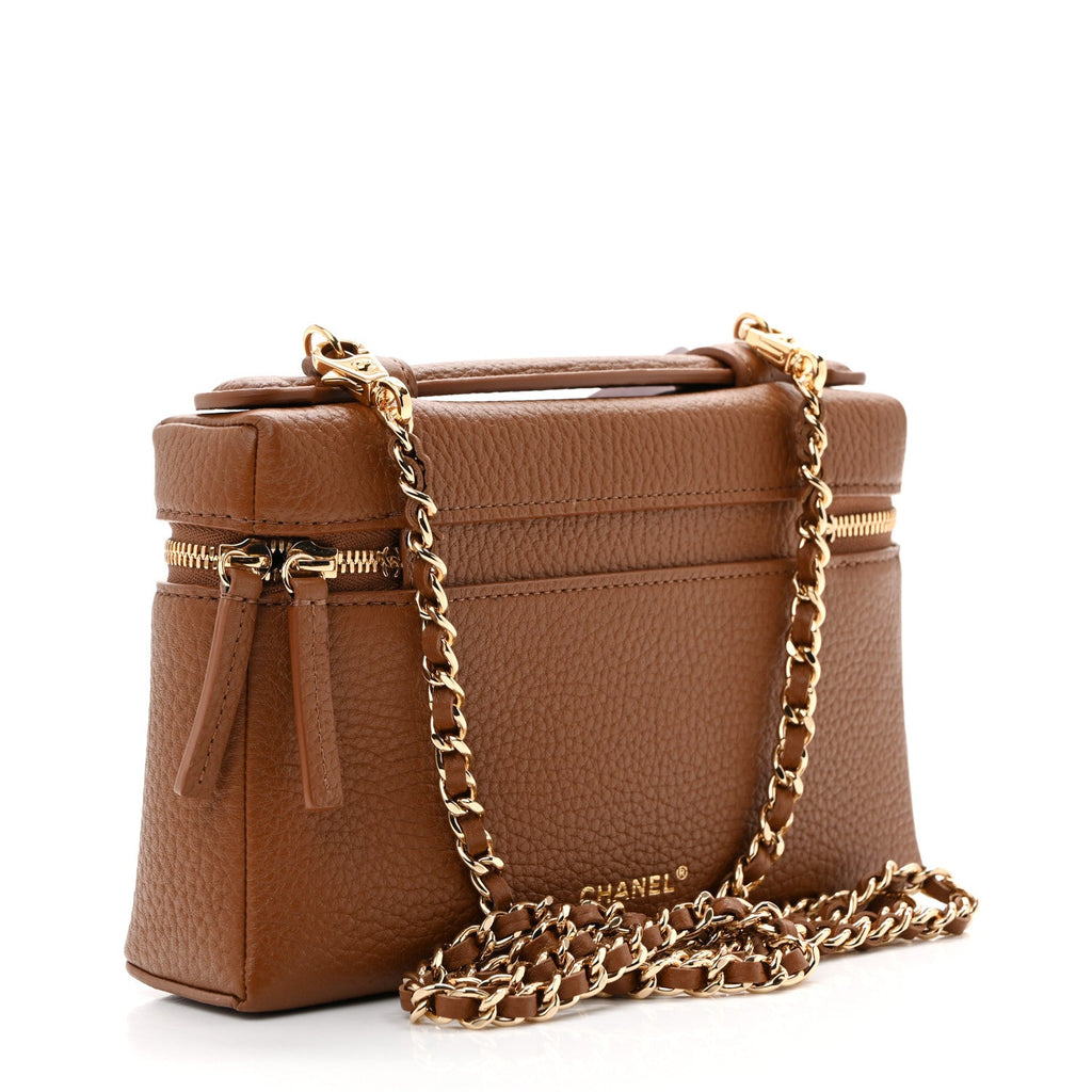 Grained Calfskin Top Handle Slim Vanity Case With Chain Camel