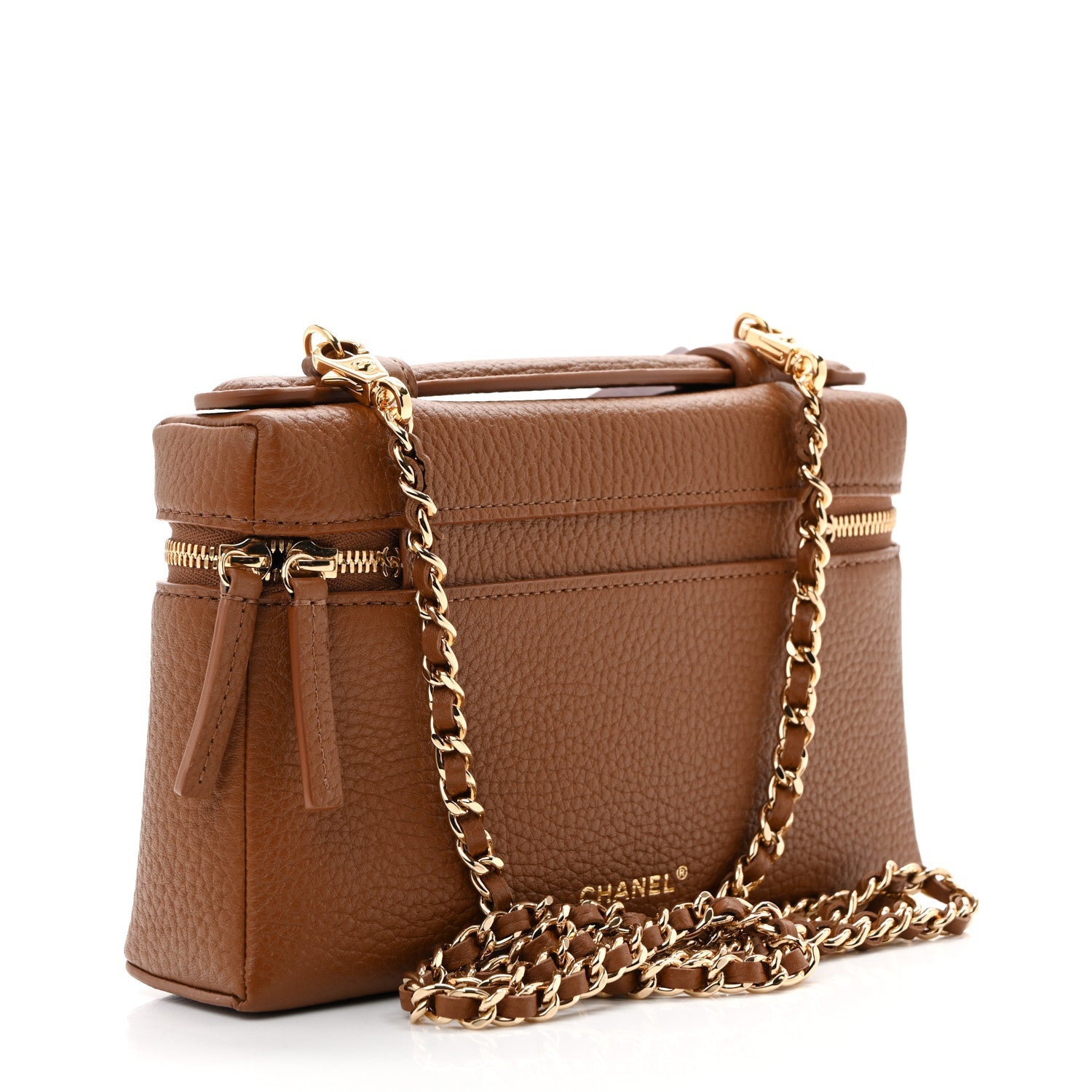 Grained Calfskin Top Handle Slim Vanity Case With Chain Camel Camel