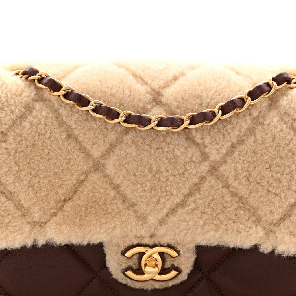 Shearling Lambskin Quilted Furry Coco Flap Beige Dark Brown