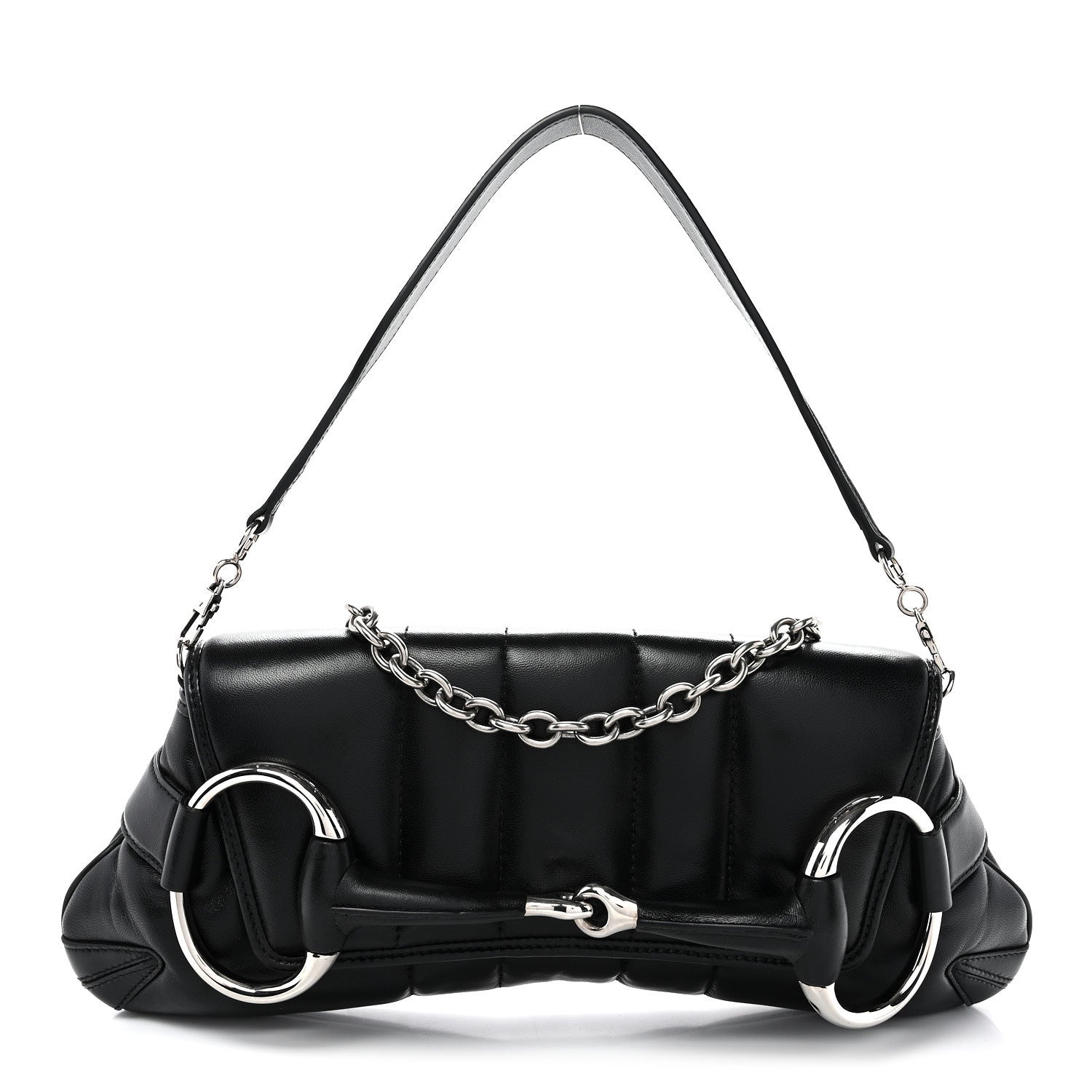 Nappa Vertical Matelasse Medium Maxi Horsebit Chain Shoulder Bag Black