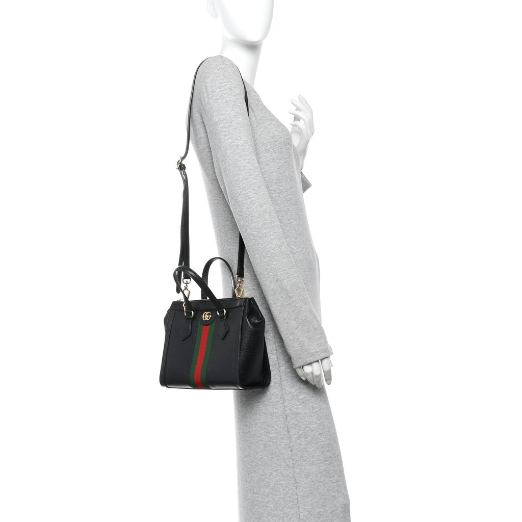 Textured Calfskin Web Small Ophidia Tote Bag Black