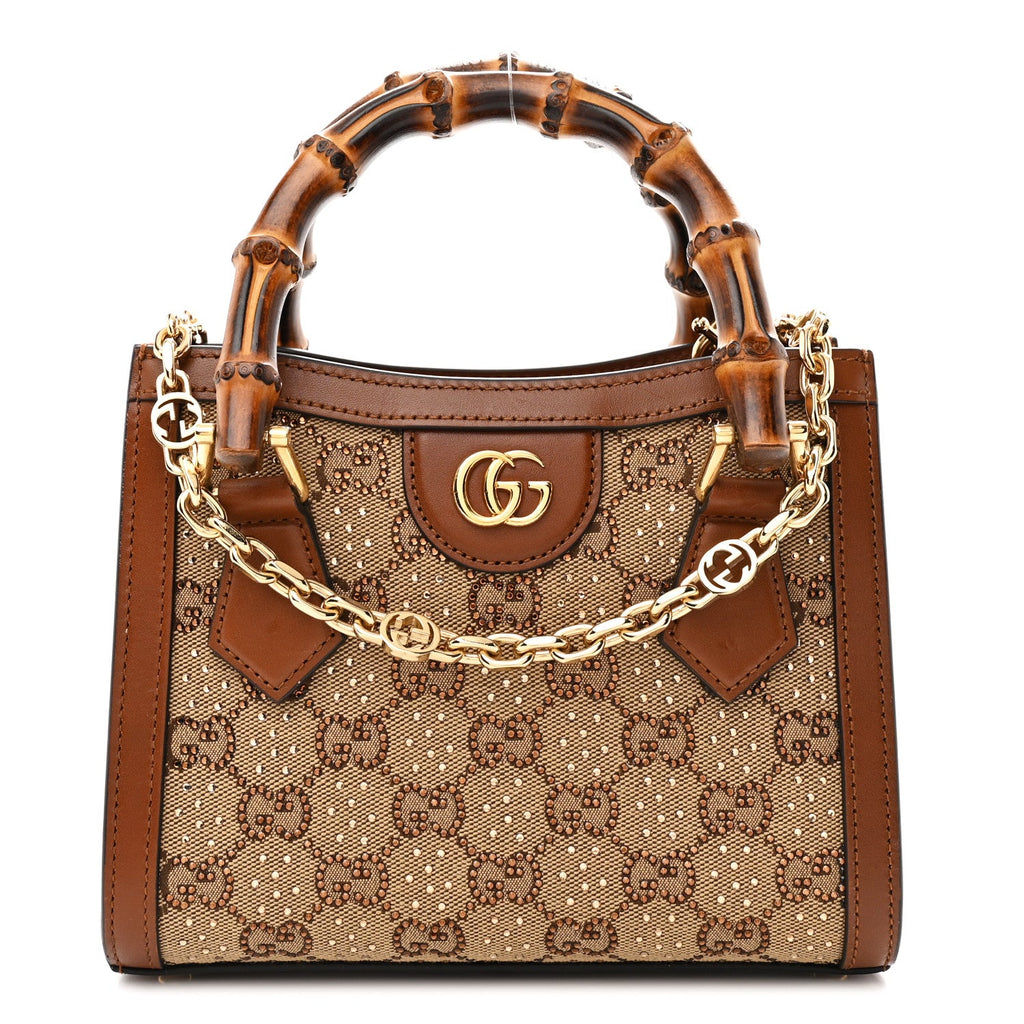 New Canvas Charisma Calfskin Crystal GG Monogram Mini Diana Tote Bag Camel Ebony