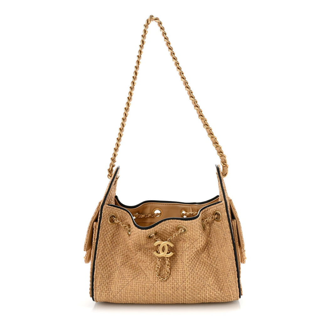 Braided Raffia Calfskin Quilted Mini Chanel 25 Handbag Beige Black