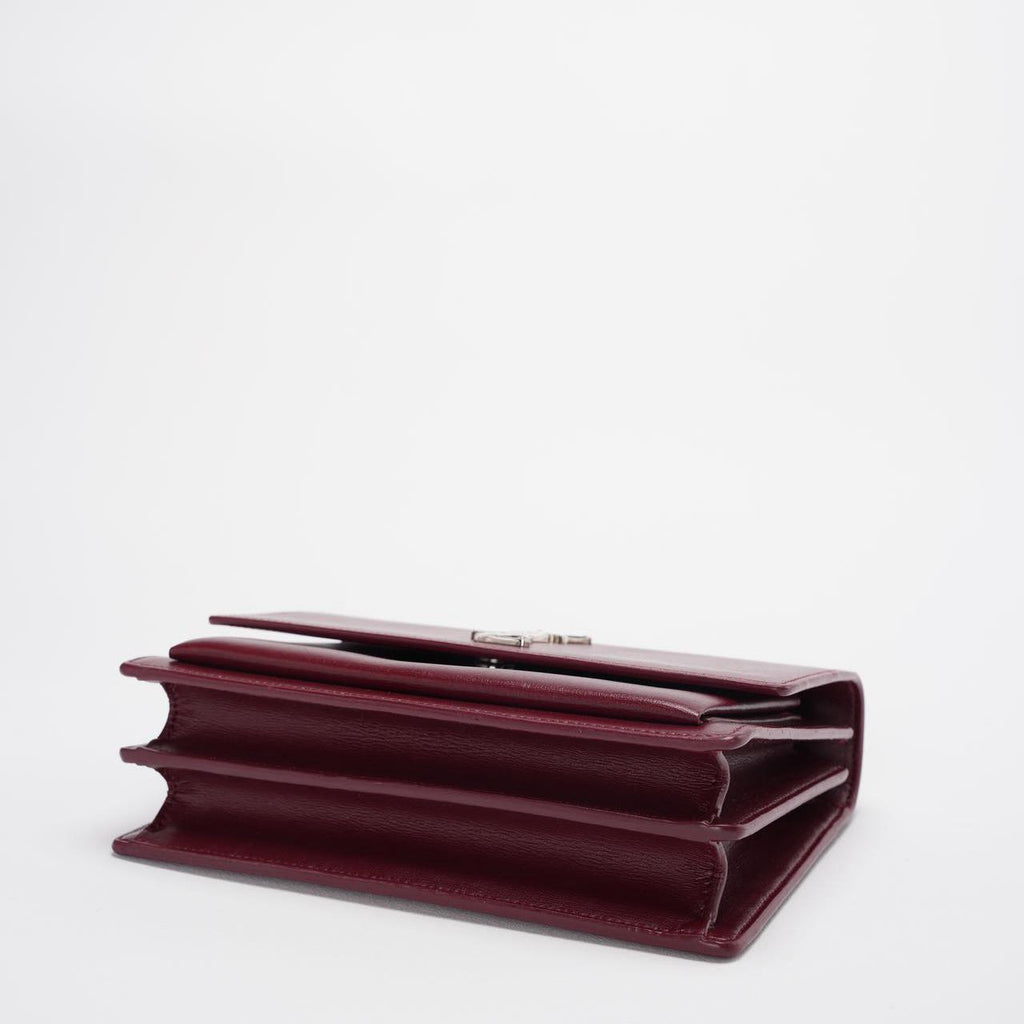 Saint Laurent Sunset Bag Burgundy Box Leder with Silver Hardware Medium