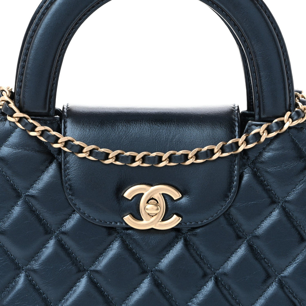 Metallic Aged Calfskin Quilted Nano Kelly Shopper Navy