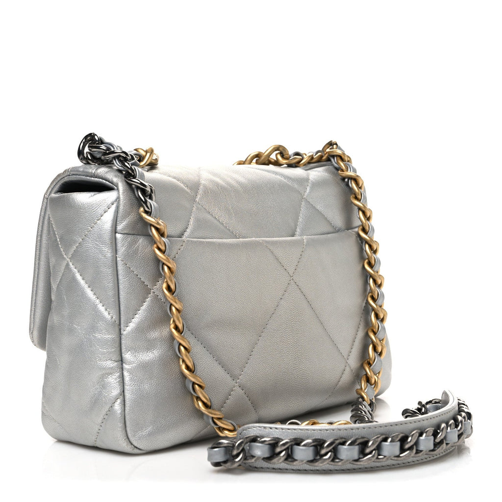 Metallic Goatskin Quilted Medium Chanel 19 Flap Silver