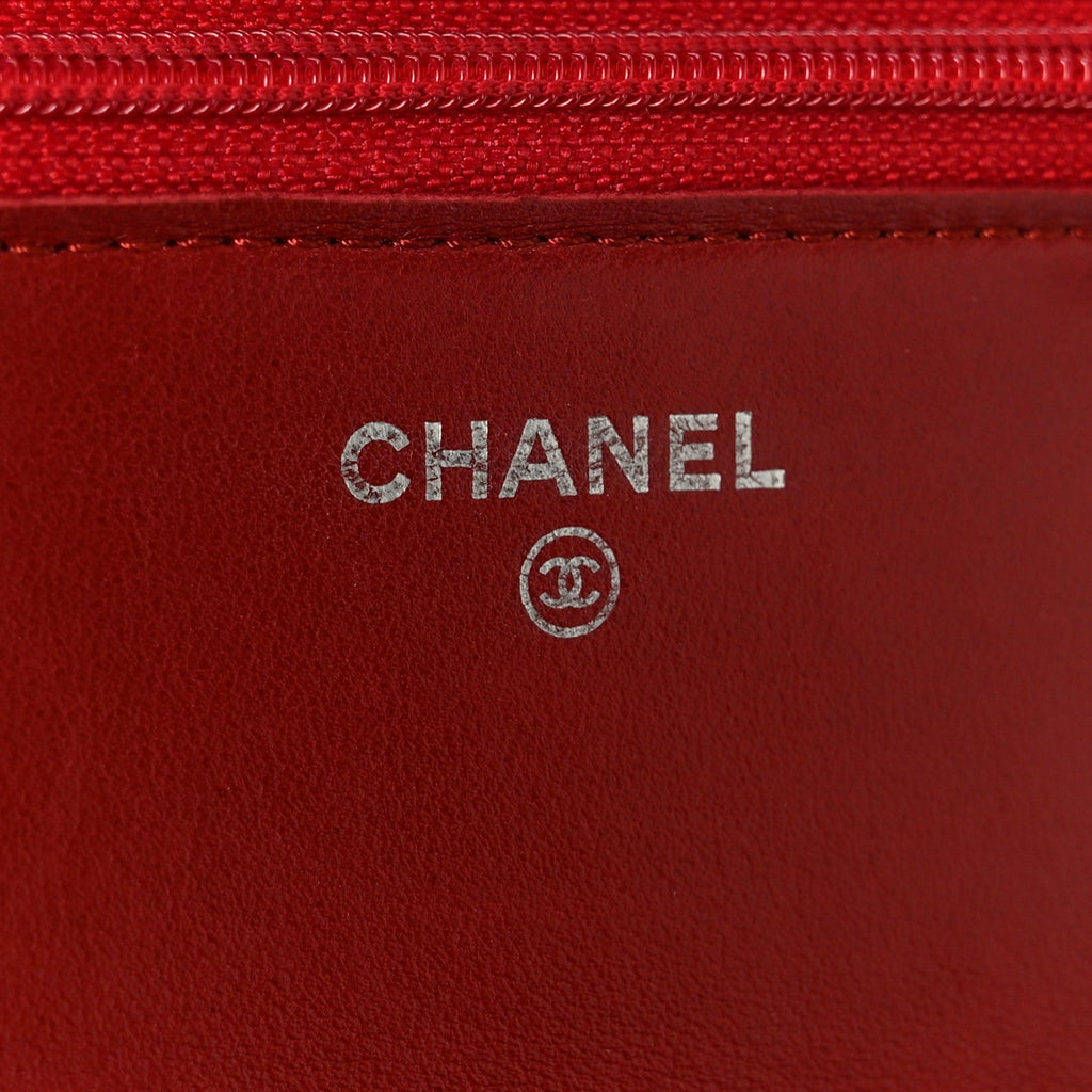 Lambskin Camellia Embossed Wallet on Chain WOC Red