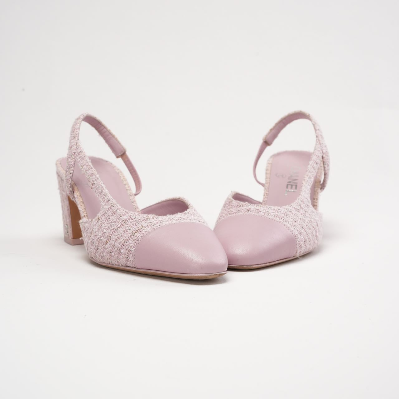 Chanel Tweed/Leather Slingback Pumps Pink 38