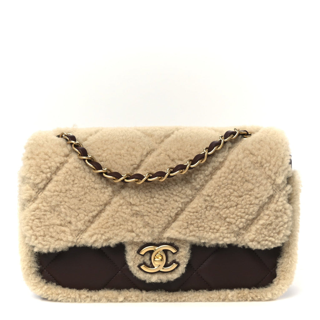 Shearling Lambskin Quilted Furry Coco Flap Beige Dark Brown