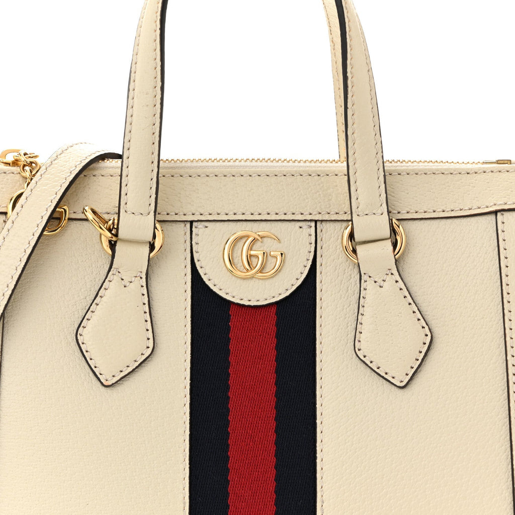 Textured Calfskin Web Small Ophidia Tote Bag Mystic White