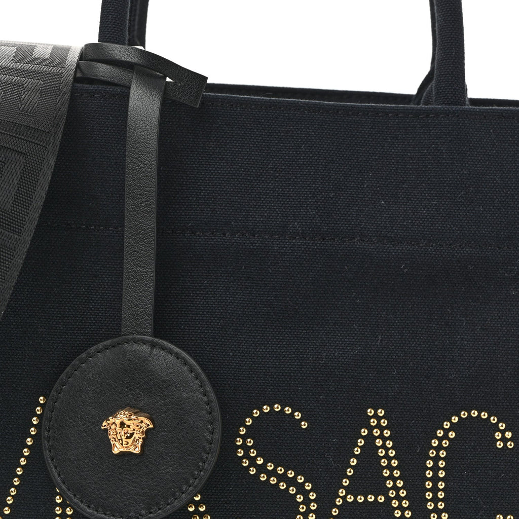 Canvas Studded Small Logo Tote Bag Black
