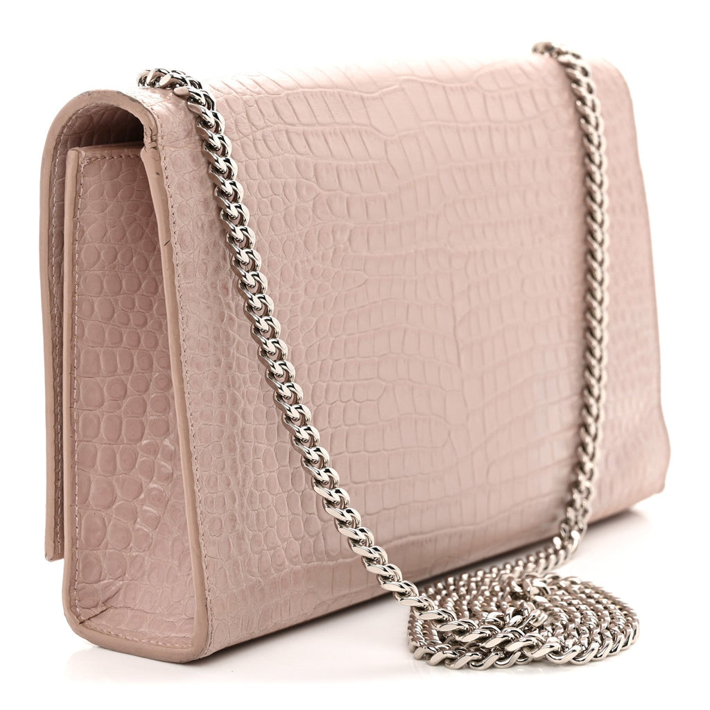Calfskin Crocodile Embossed Medium Classic Monogram Kate Tassel Satchel Powder Pink