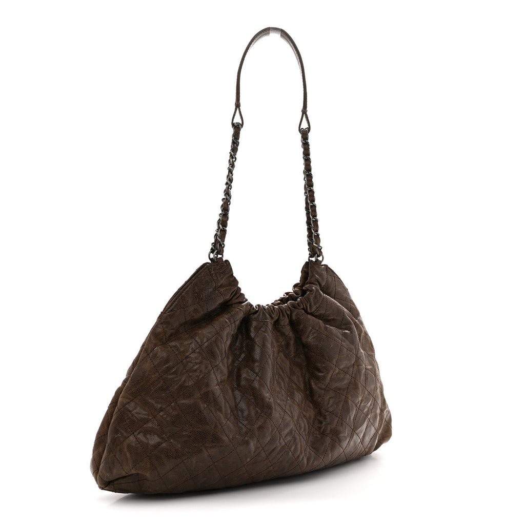 Distressed Glazed Caviar Quilted Large Elastic Tote Brown