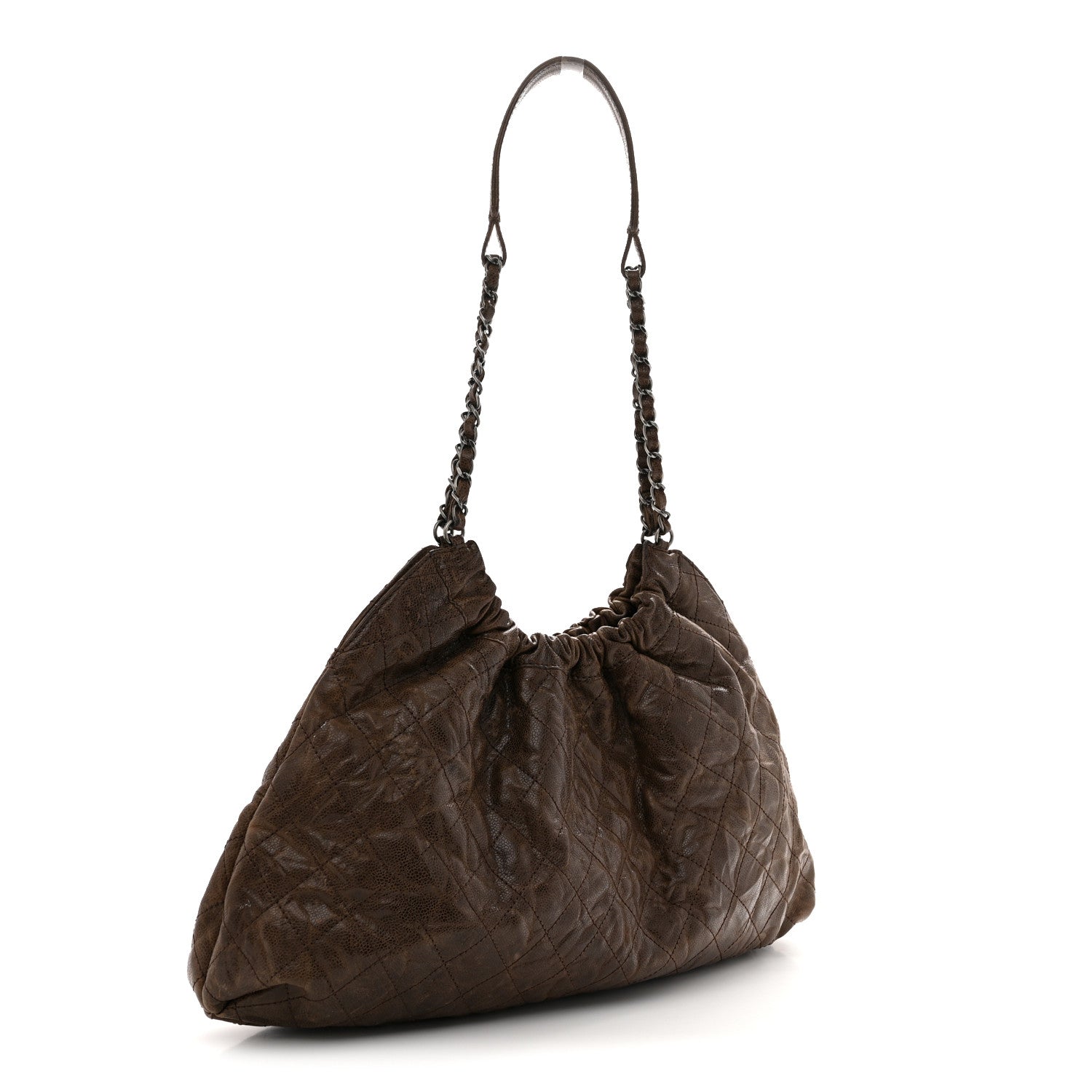 Distressed Glazed Caviar Quilted Large Elastic Tote Brown