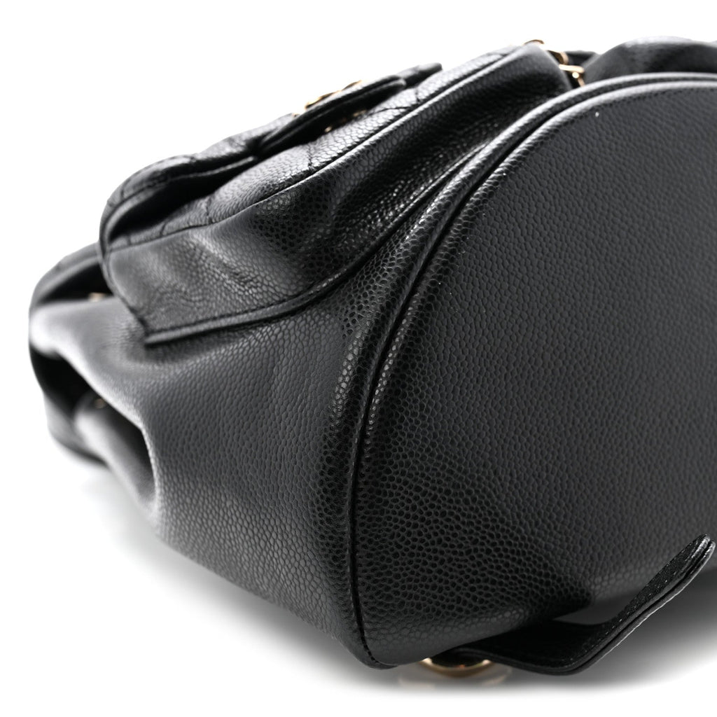 Shiny Caviar Quilted Medium Duma Pockets Drawstring Backpack Black
