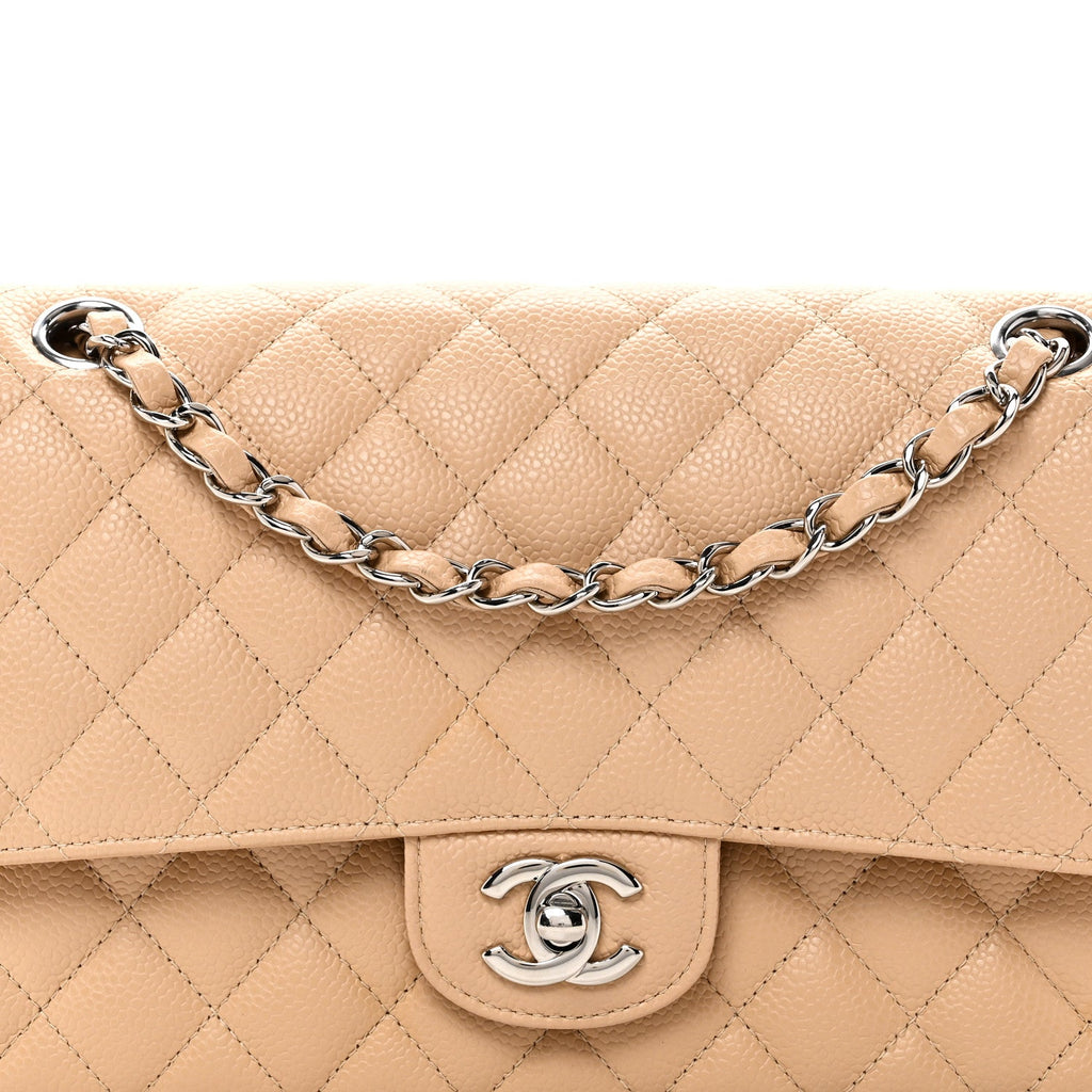 Caviar Quilted Medium Double Flap Beige
