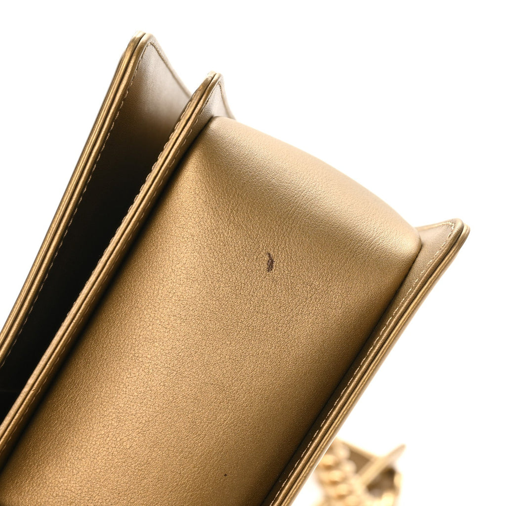 Metallic Patent Calfskin Quilted Medium Boy Flap Gold