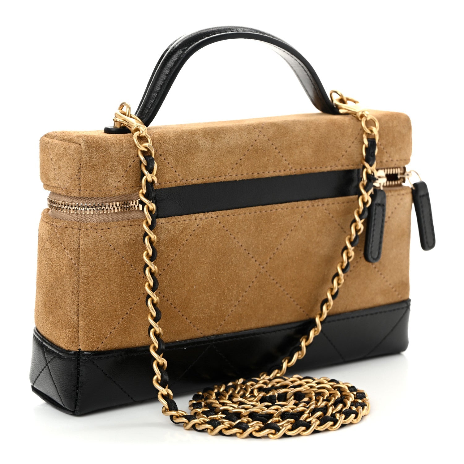 Suede Calfskin Shiny Lambskin Quilted Top Handle Slim Vanity Case With Chain Beige Black