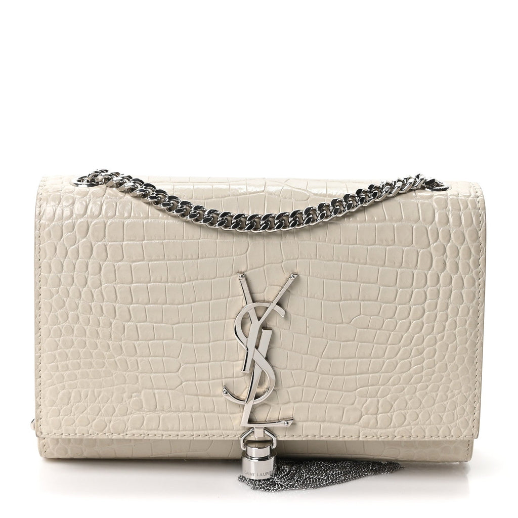 Calfskin Crocodile Embossed Small Classic Monogram Kate Tassel Satchel Blanc Vintage
