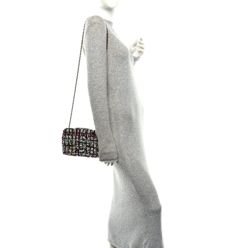 Tweed Sequin Small Single Flap Black Red Multicolor
