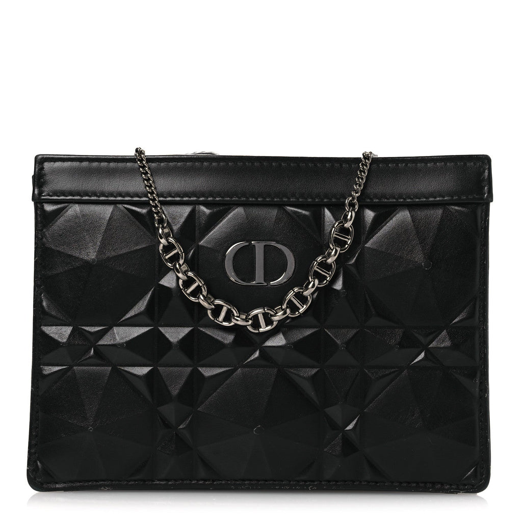 Calfskin Macrocannage Diamond Caro Zipped Pouch With Chain Black