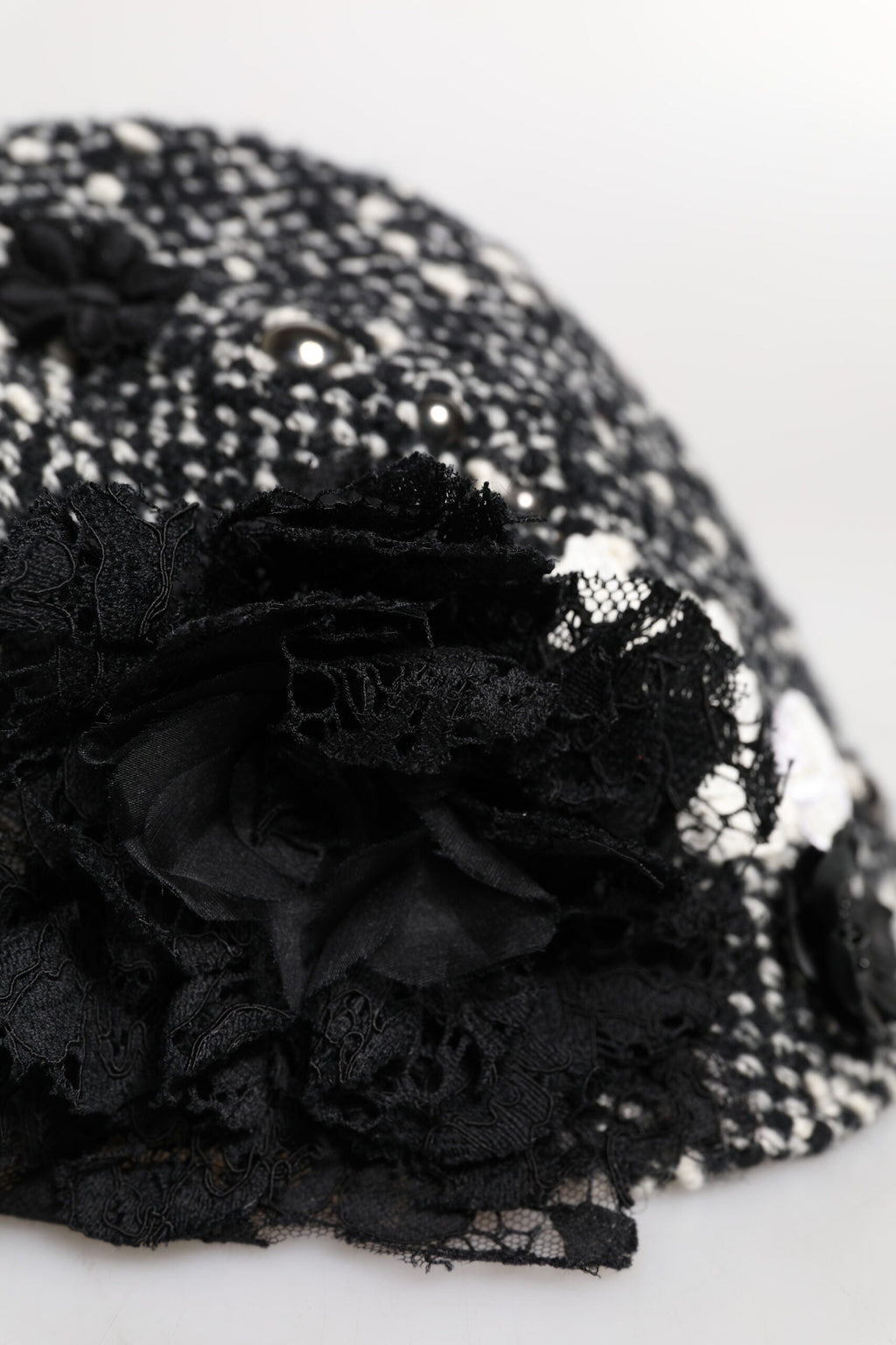 Dolce & Gabbana Black Wool White Floral Embellished Cloche Women's Hat