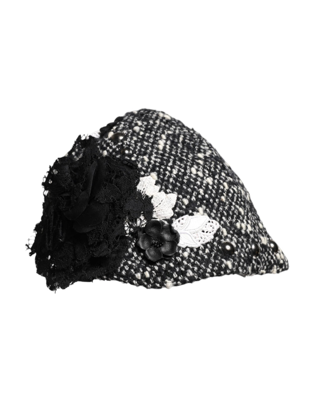 Dolce & Gabbana Black Wool White Floral Embellished Cloche Women's Hat