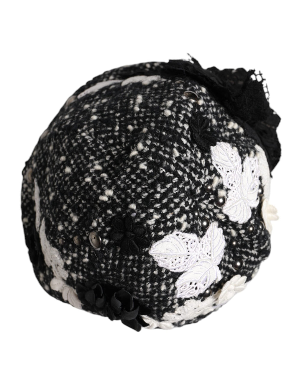 Dolce & Gabbana Black Wool White Floral Embellished Cloche Women's Hat