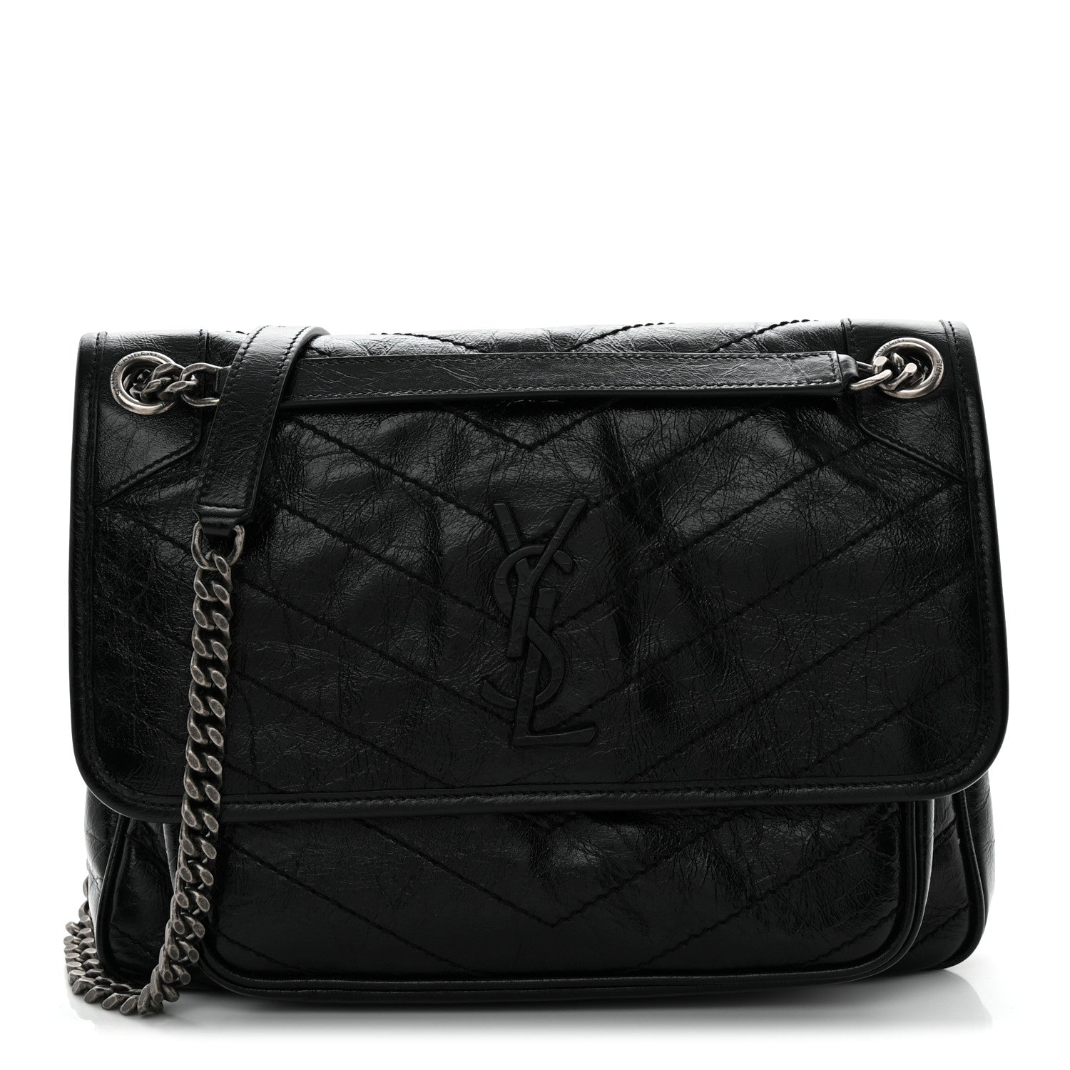 Crinkled Calfskin Matelasse Monogram Medium Niki Chain Satchel Black